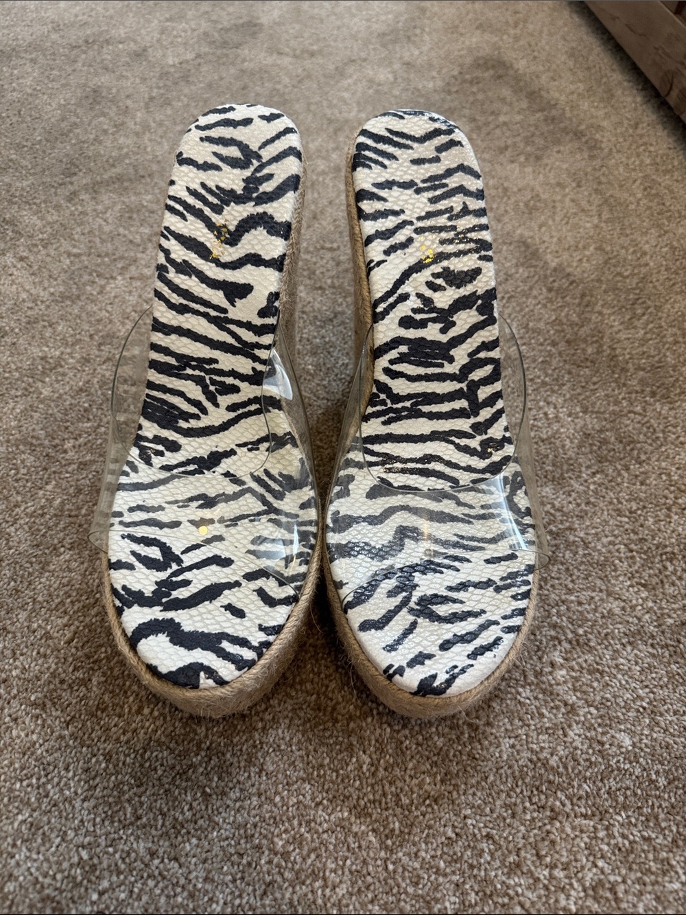 Wedge Sandals with Clear Strap and Black & White Zebra Print